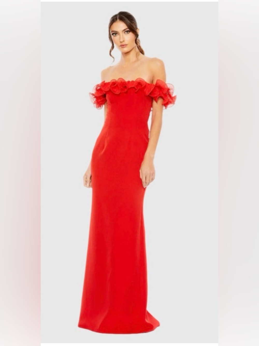 Ieena for MacDuggal Off-Shoulder Red Ruffle Column Gown 14